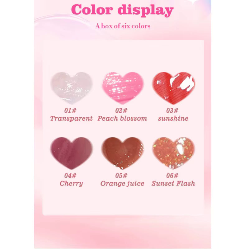 6-teiliges Glasspiegel-Lipgloss-Set - Feuchtigkeitsspendender Lippenbalsam Glänzend Schimmernd Transparent Pfirsich Kirschrot